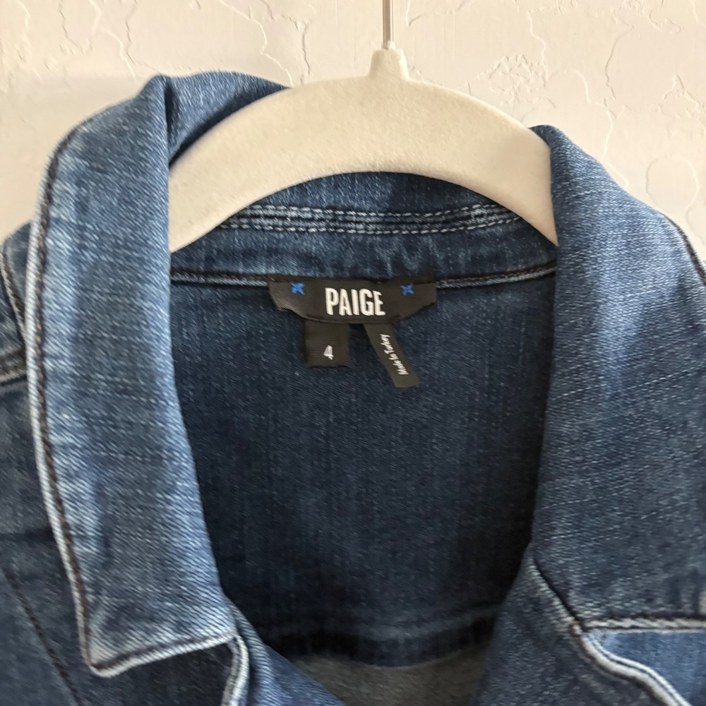 PAIGE Mayslie Straight Ankle Denim Jumpsuit Janelle Blue Puff Sleeve Size 4 - Picture 9 of 9